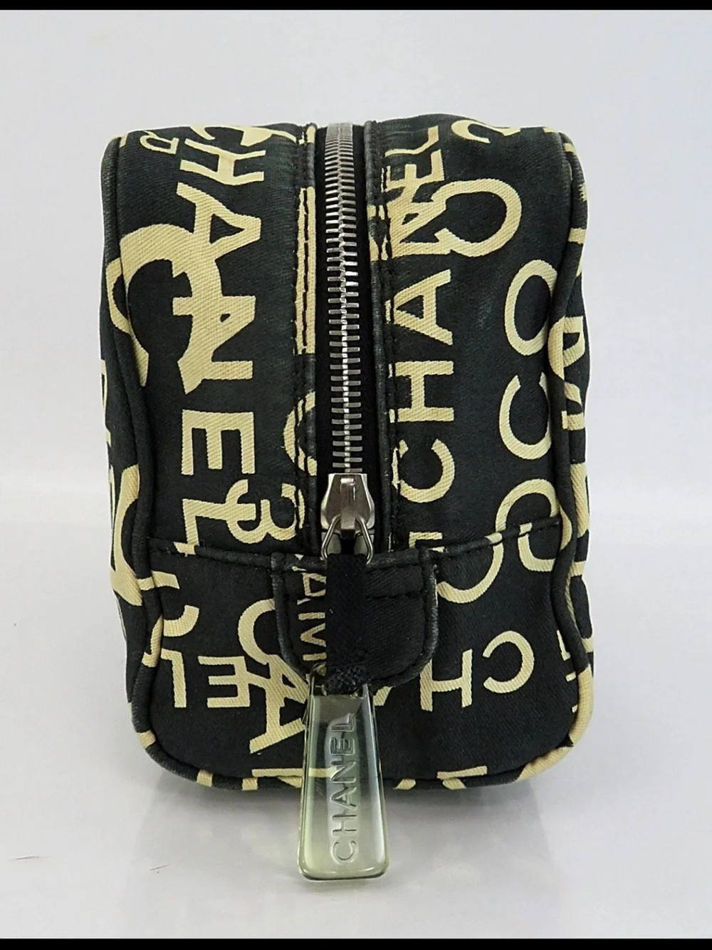 CHANEL Black Canvas Logo Print Cosmetic Pouch with Cream Lettering